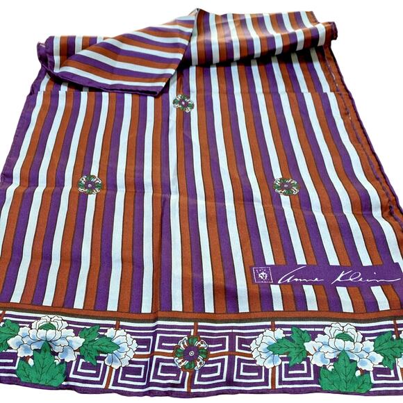 Anne Klein Silk Scarf Rectangle Hand Rolled Vintage Gem Tones Geometric Floral - Picture 4 of 8